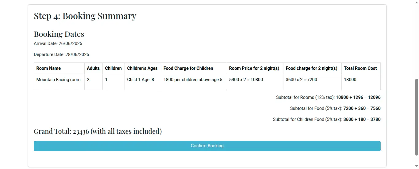 Booking Summary page in room booking module