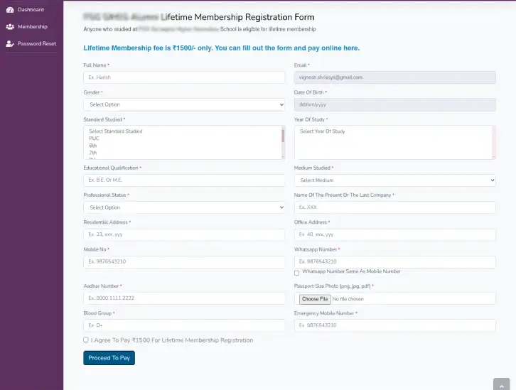 Alumni Portal User Registration Form