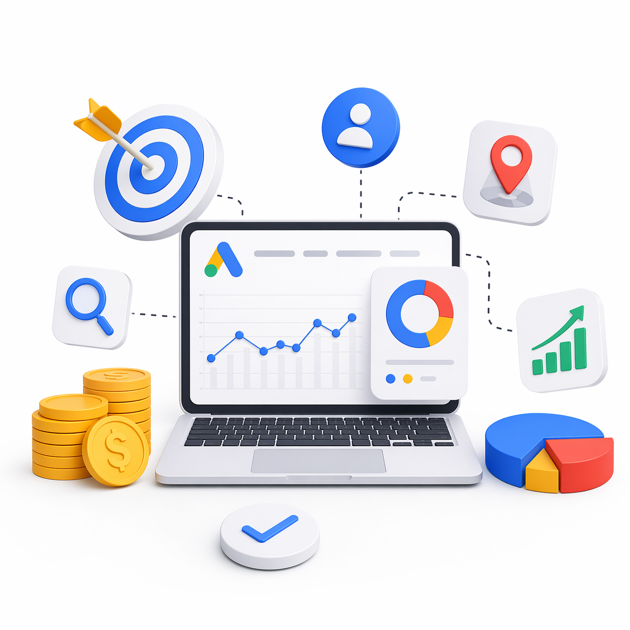 Minimal 3D illustration of Google Ads analytics with laptop, charts, target, and growth icons on a white background