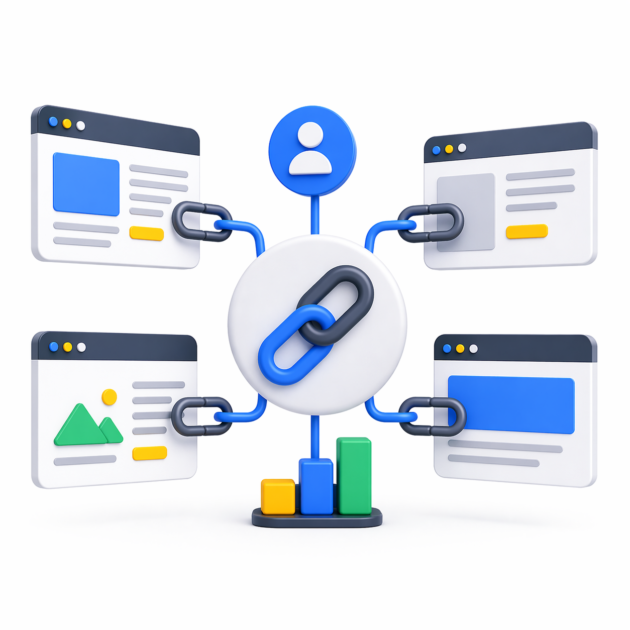 3D illustration of backlink network connecting websites to represent SEO authority and digital growth