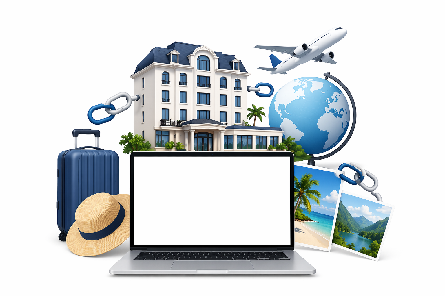 3D illustration of hotel and travel concept with laptop, suitcase, airplane, globe, and backlinks chain representing SEO authority and online booking growth.