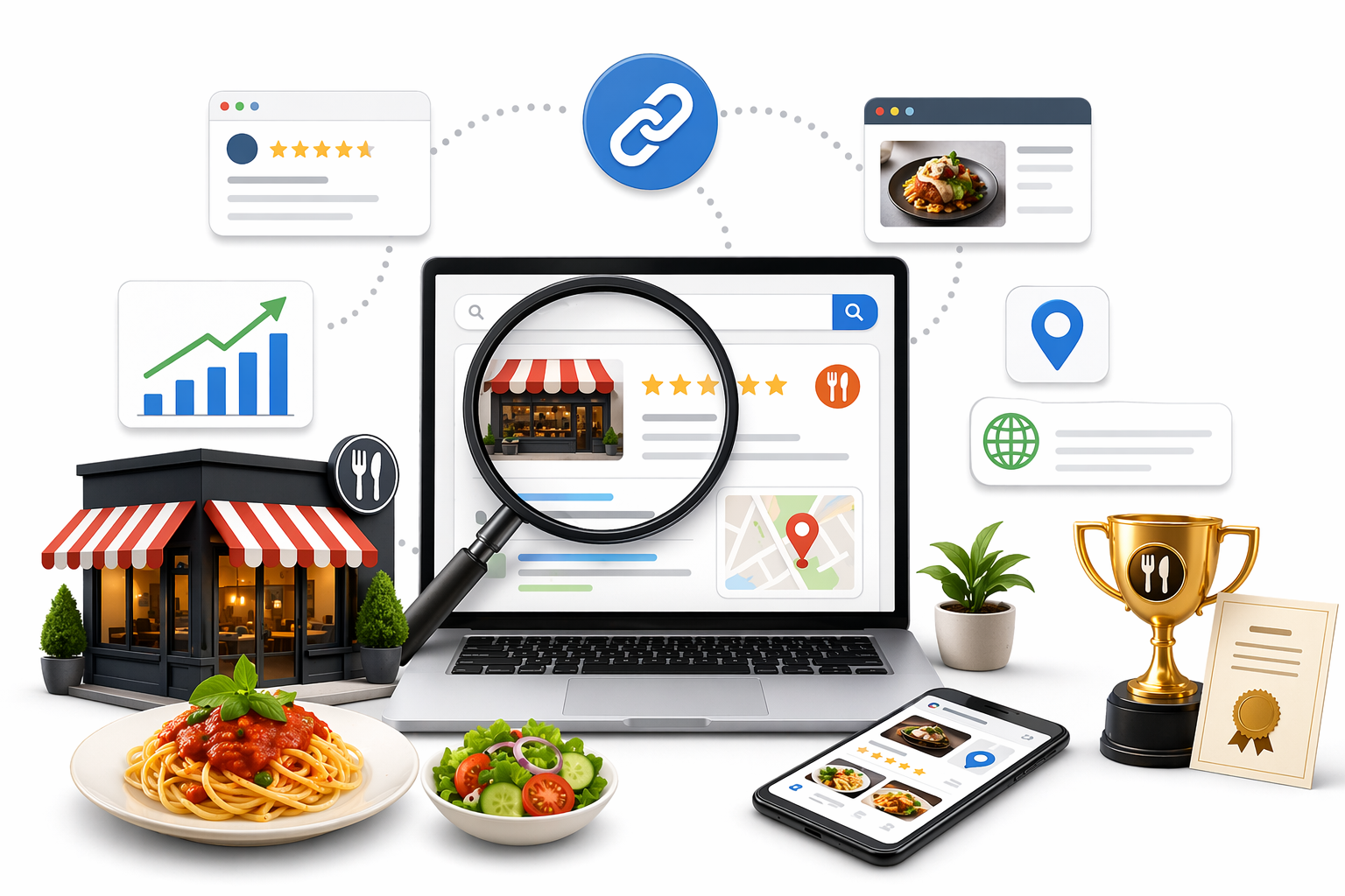 Restaurant SEO concept showing backlinks, online reviews, and search rankings with digital food business elements