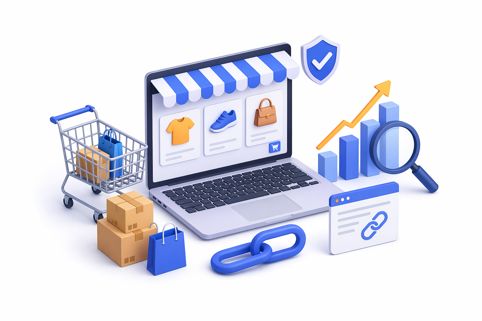 3D illustration of an e-commerce website with shopping cart, products, analytics graph, and backlink icon representing SEO and online store growth
