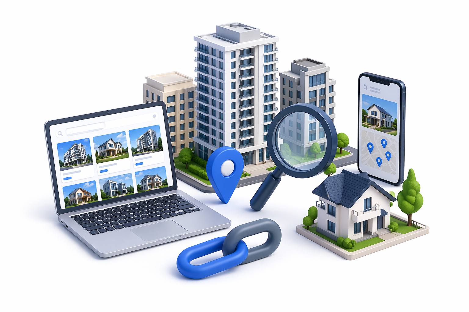 3D illustration of real estate search with buildings, laptop, house model, location pin, and backlink icon representing property SEO and online visibility